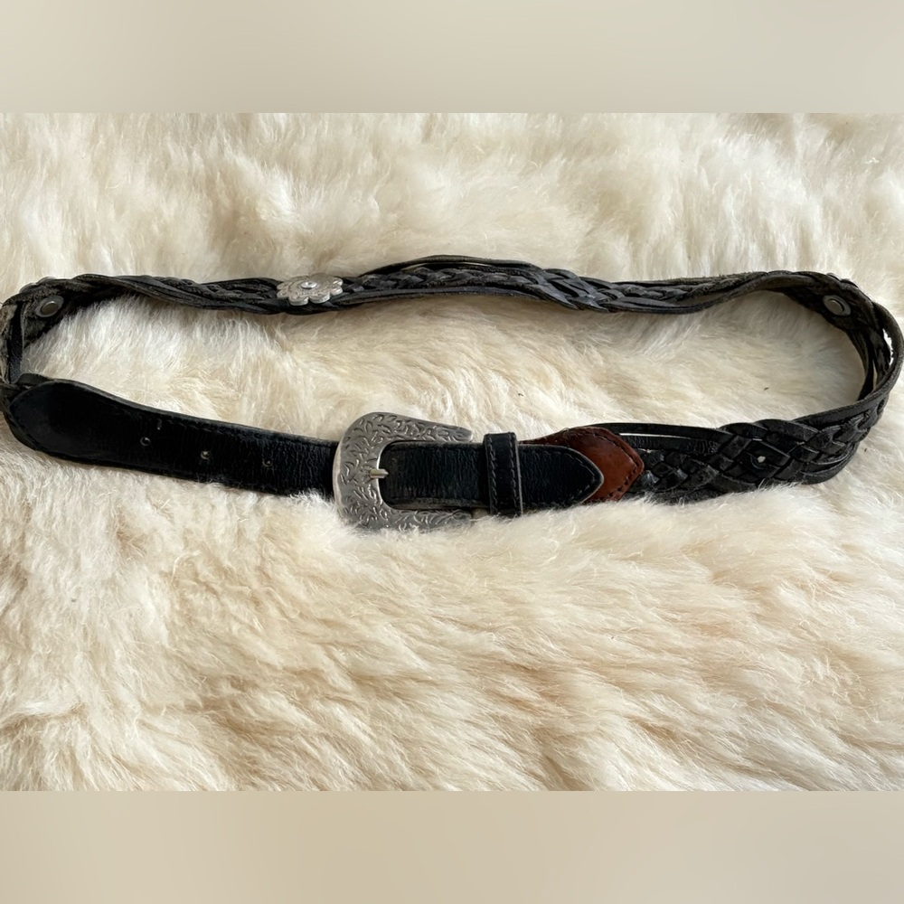 Black Leather Belt with Silver flower Concho Small Missing Concho USED vintage